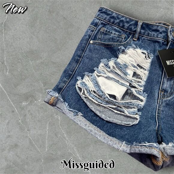 New NWT Missguided Sinner High Waisted Booty Short Vintage Blue sz 6 - Picture 2 of 6